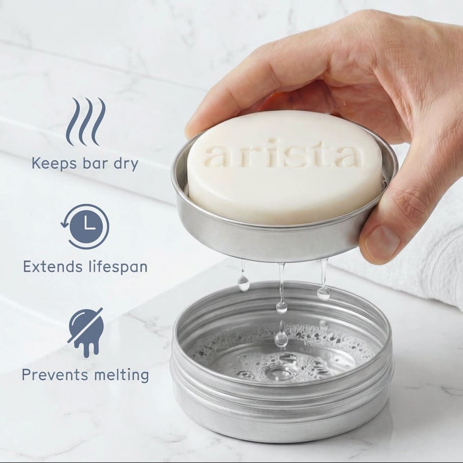 arista shampoo bar holder aluminium box with USPs and solid shampoo bar
